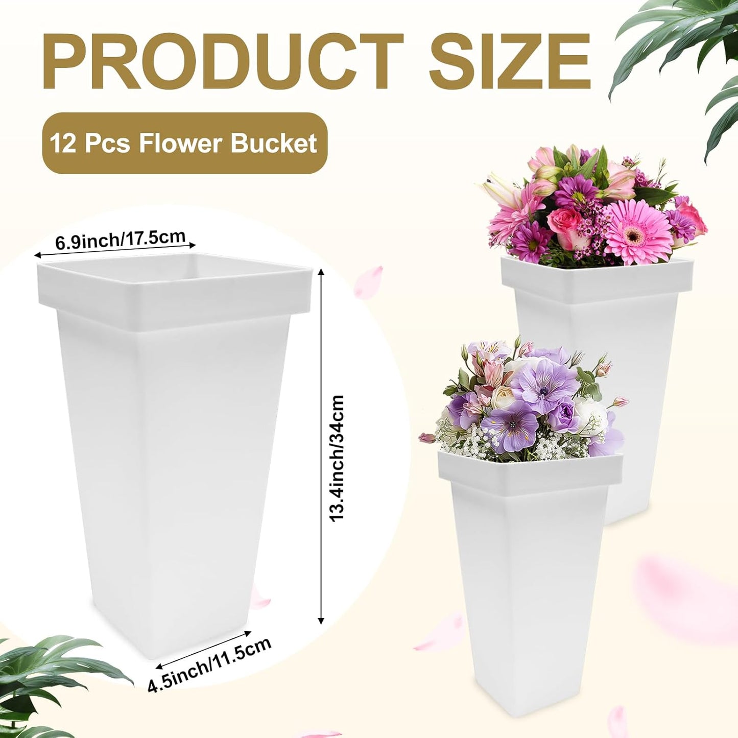 Homegroove 12 Pcs Plastic Flower Buckets, 13.4 Inch Square Floral Display Stand, Tall Vase for Cut Flowers, Indoor/Outdoor Home Wedding Bar Supplies