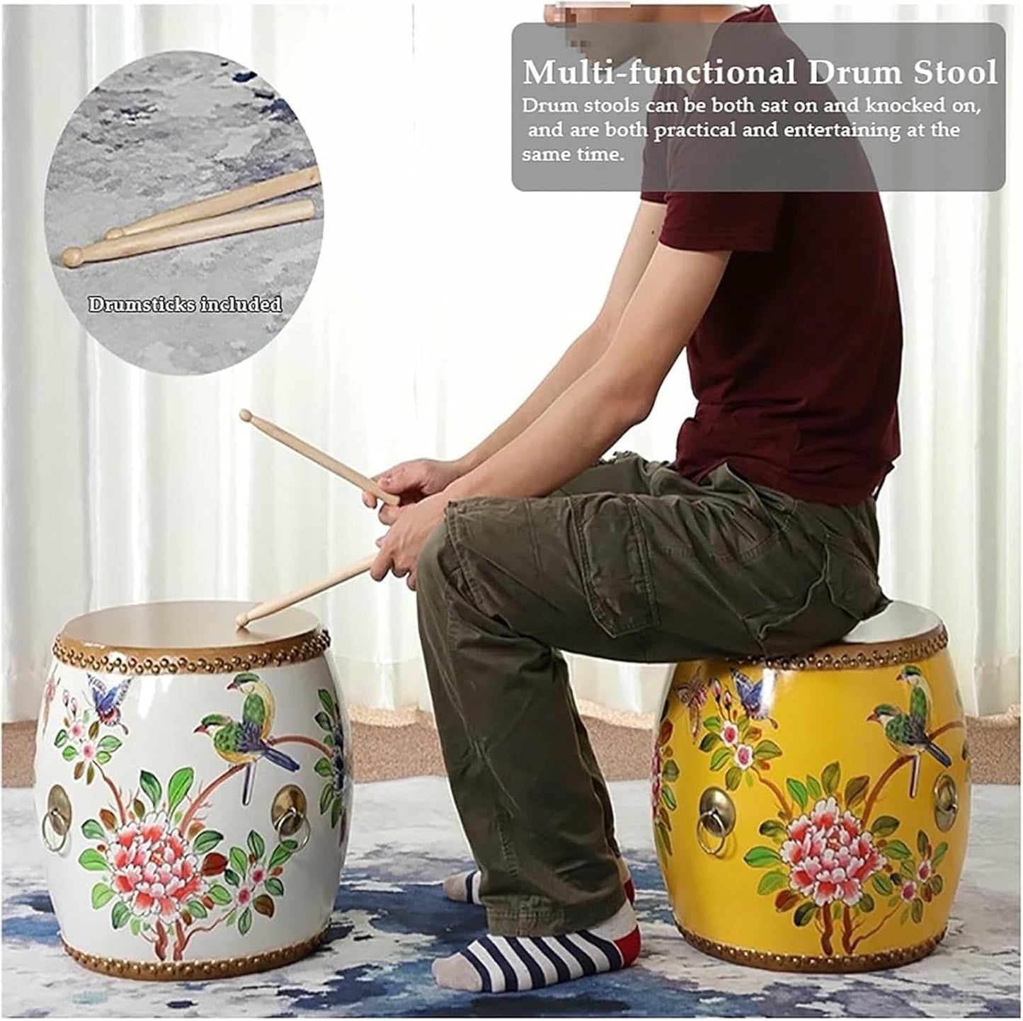Wood Chinese Drum Stool,Decorative Ceramic Garden Stool Glazed Hand-Painted,Outdoor Side Table,Plant Stand for Living Room, Balcony & Garden