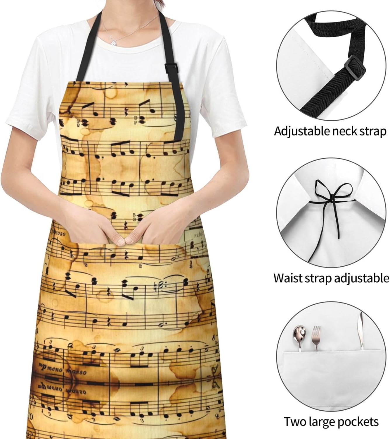 Music Note Print Print Laundry apron 28x33 In Waterproof Kitchen Apron with Pockets for Cooking Baking