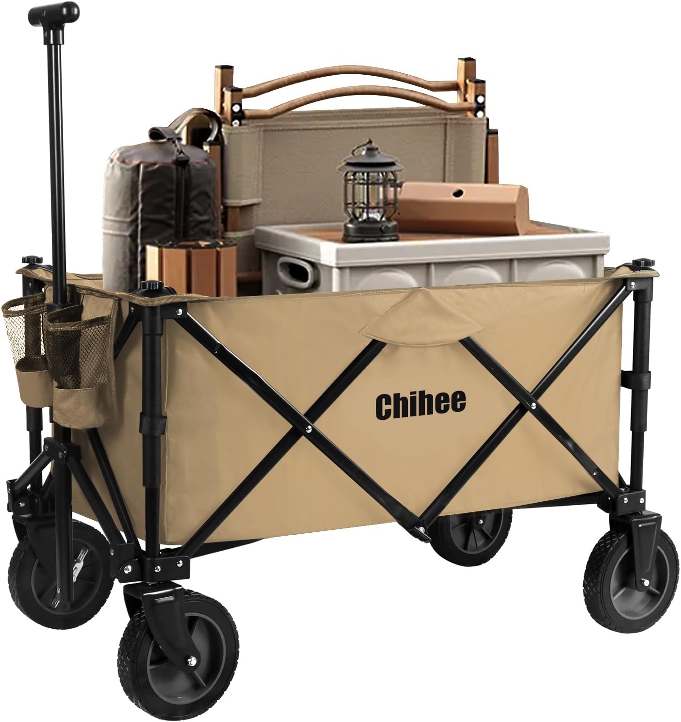 Chihee Folding Beach Wagon Cart Garden Cart Heavy-Duty with 2 Cup Holders,Camp Cart for Gimballed Wheels with Braking System Large Capacity Removable Fabric,for Sporting Events,Camping,Beach Trips