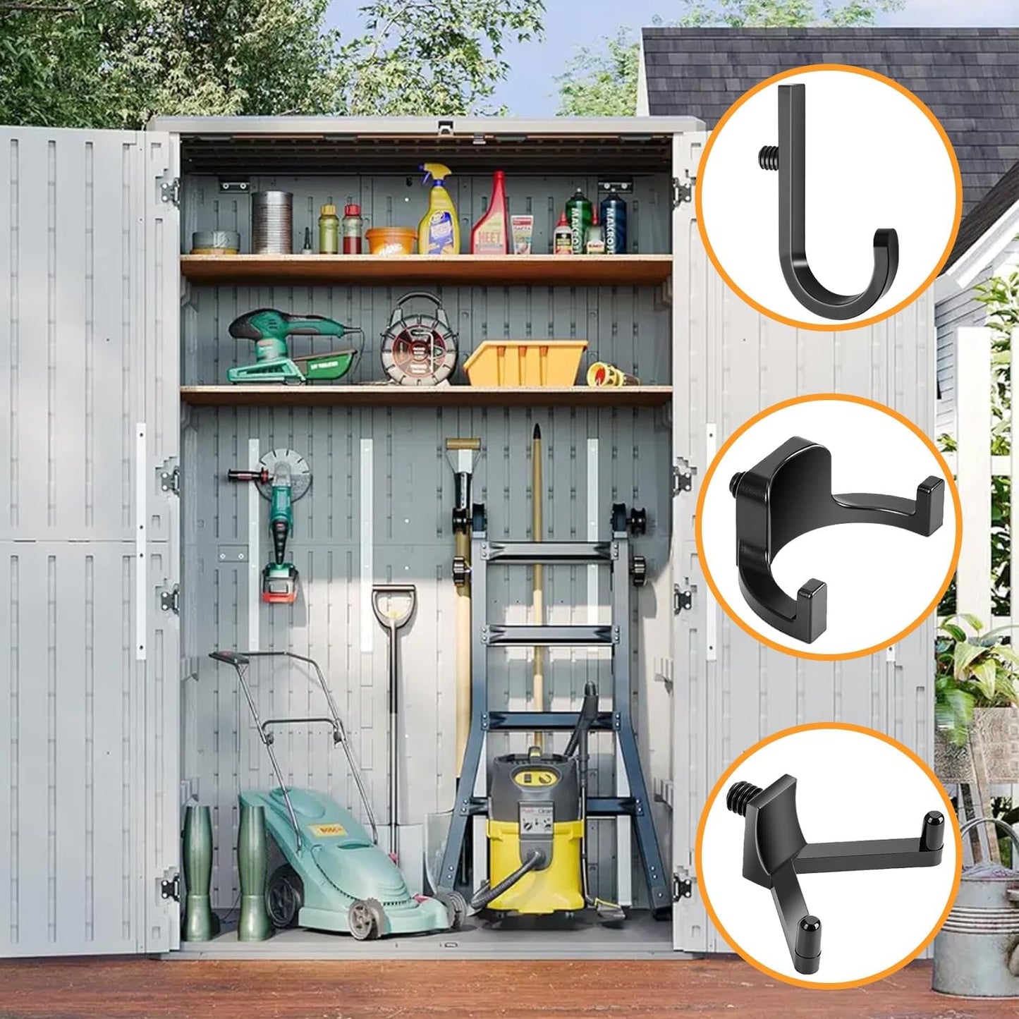9 Pcs ABS Storage Shed Tool Hooks, Heavy Duty Shed Accessories & Hooks - Compatible with Suncast & Craftsman Sheds, Black J/U/V Shape for Organizing Ladders, Hoses & Garden Tools in Outdoor Sheds.
