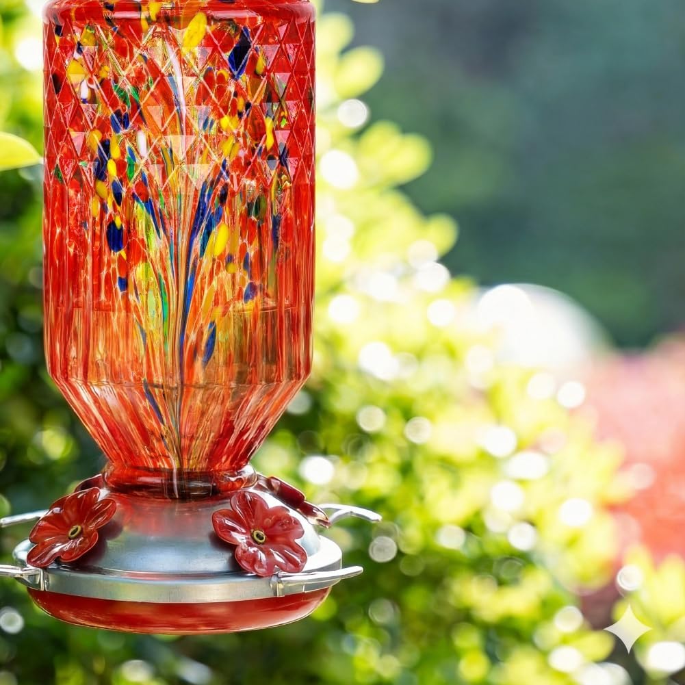 Hand Blown Glass Hummingbird Feeder for Outdoors Hanging Round Chaning Color 32 OZ Large Humming Birds Feeders with Accessories Gift for Women Mom (Red)