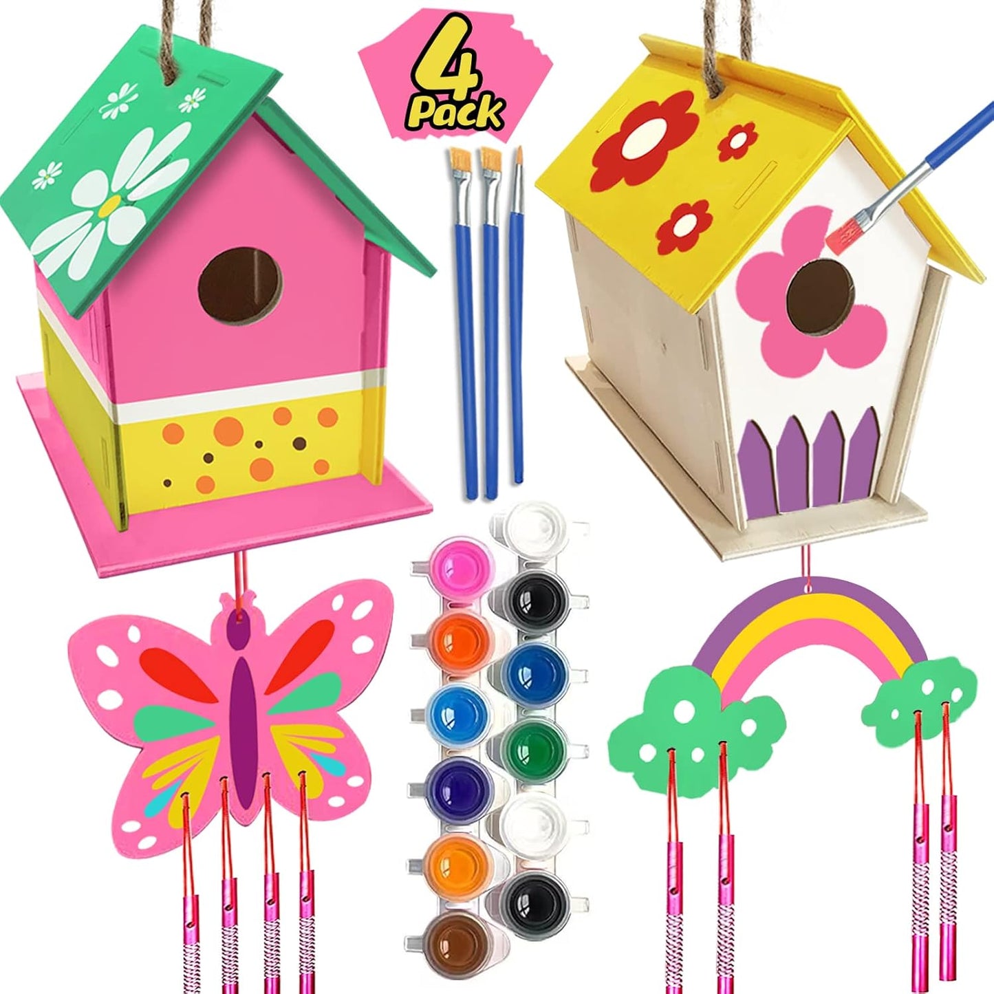 Crafts for Kids Ages 4-8 - 4 Pack DIY Bird House Wind Chime Kit - Buil