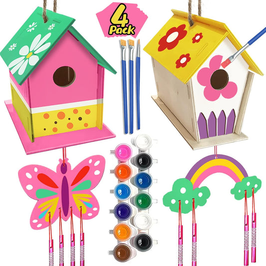 Crafts for Kids Ages 4-8 - 4 Pack DIY Bird House Wind Chime Kit - Buil