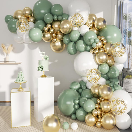 Sage Green White Gold Balloon Garland Arch Kit, 146Pcs Latex Balloons 