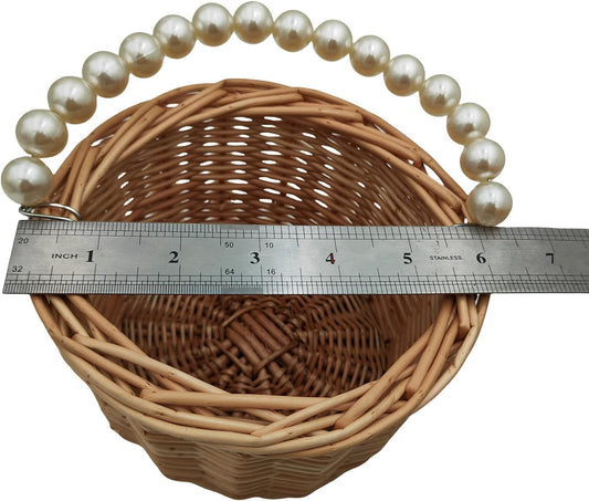 Rustic Wicker Rattan Wedding Flower Girl Baskets,Woven Rattan Storage Basket with Pearl Handles,Woven Eggs Candy Basket for Wedding Home Garden Decor (H1)