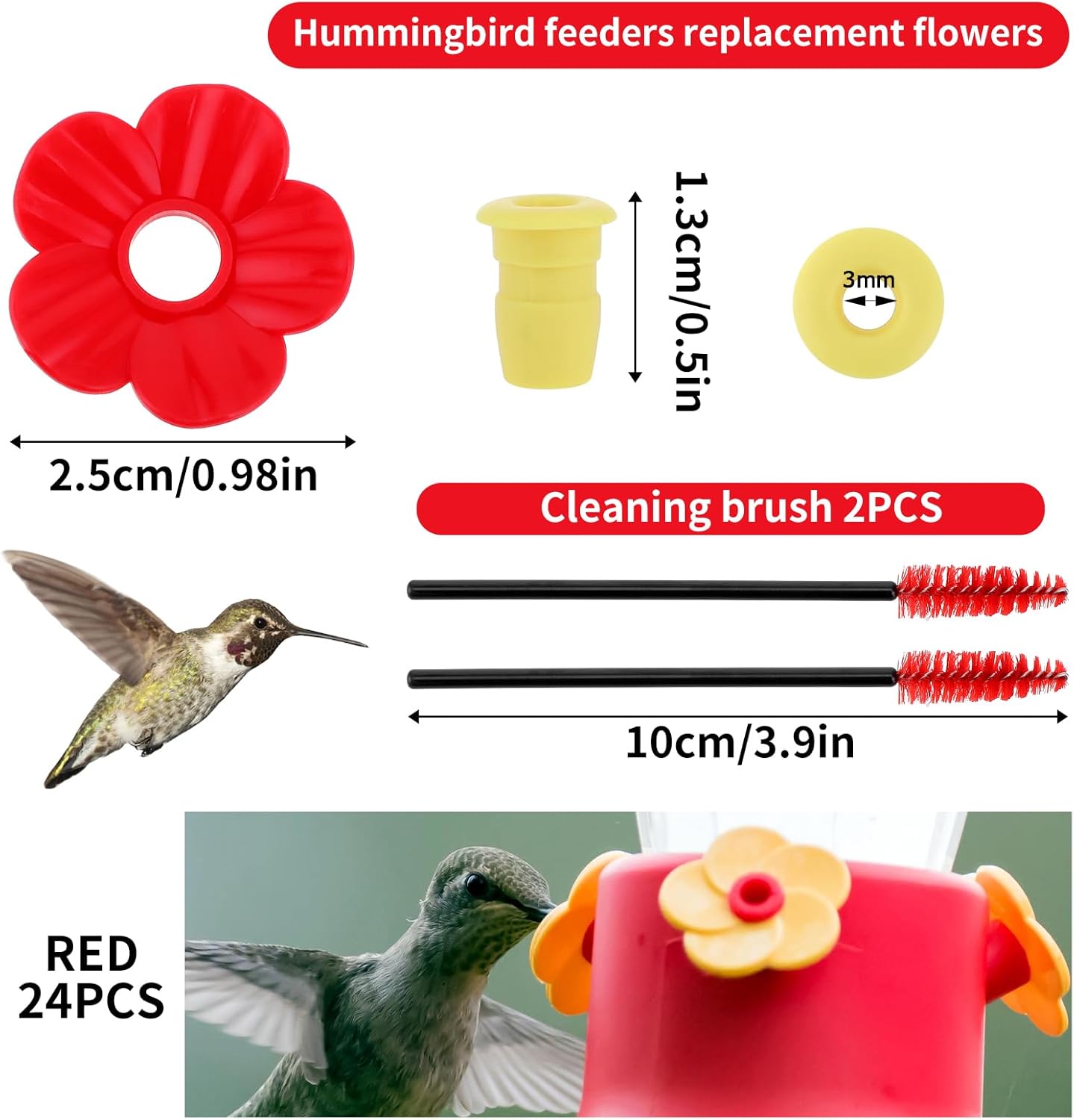 26pcs Hummingbird Feeders Replacement Flowers, Hummingbird Feeder Replacement Flowers with 2 Cleaning Brush, Hummingbird Feeder Parts for Outdoor Hanging Feeders(Red)