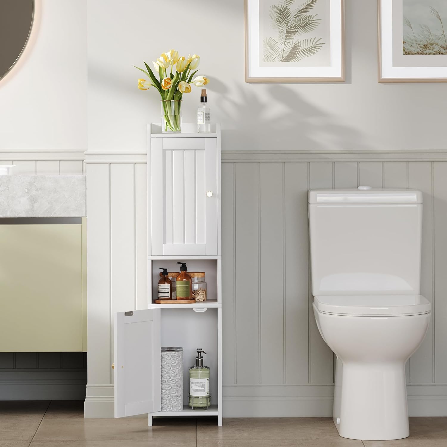 Bathroom Cabinet with 2 Doors, 7.3 x 9.8 x 40.4 Inches, Small Freestan