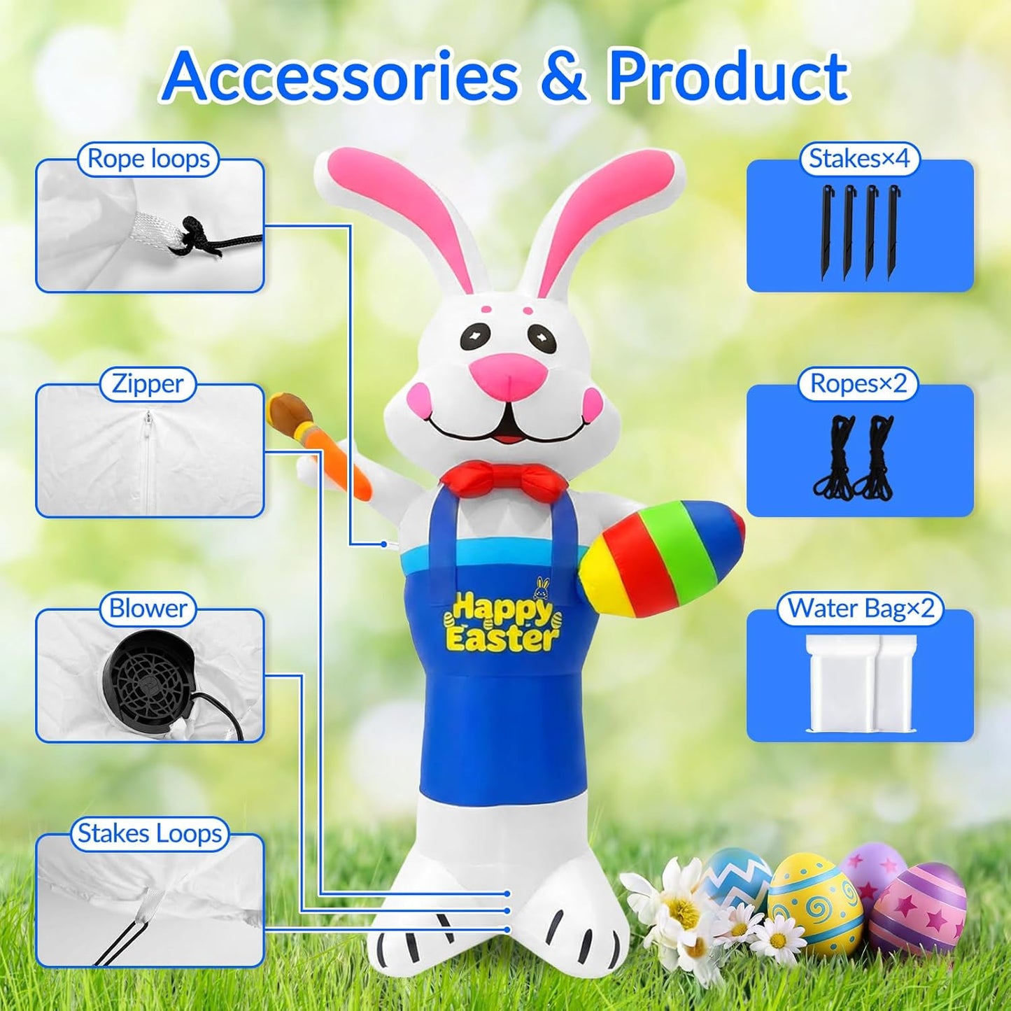 8 FT Easter Inflatable Bunny Painting Eggs Decoration, Giant Blow Up Rabbit with LED Lights, Outdoor Inflatables Yard Decor with Stakes for Lawn Garden Spring Holiday Party
