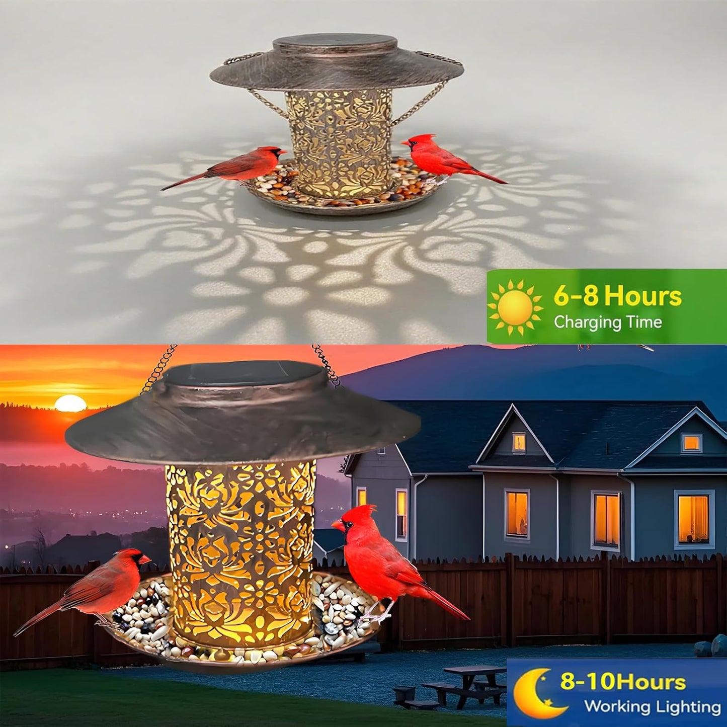 Solar Bird Feeder for Outdoors Hanging,Waterproof Metal Wild Bird Feeder for Finch,Cardinal,Blue Jay Solar Garden Lanterns with S Hook as Gift for Women Mom,Bird Lovers (Large Feeders)