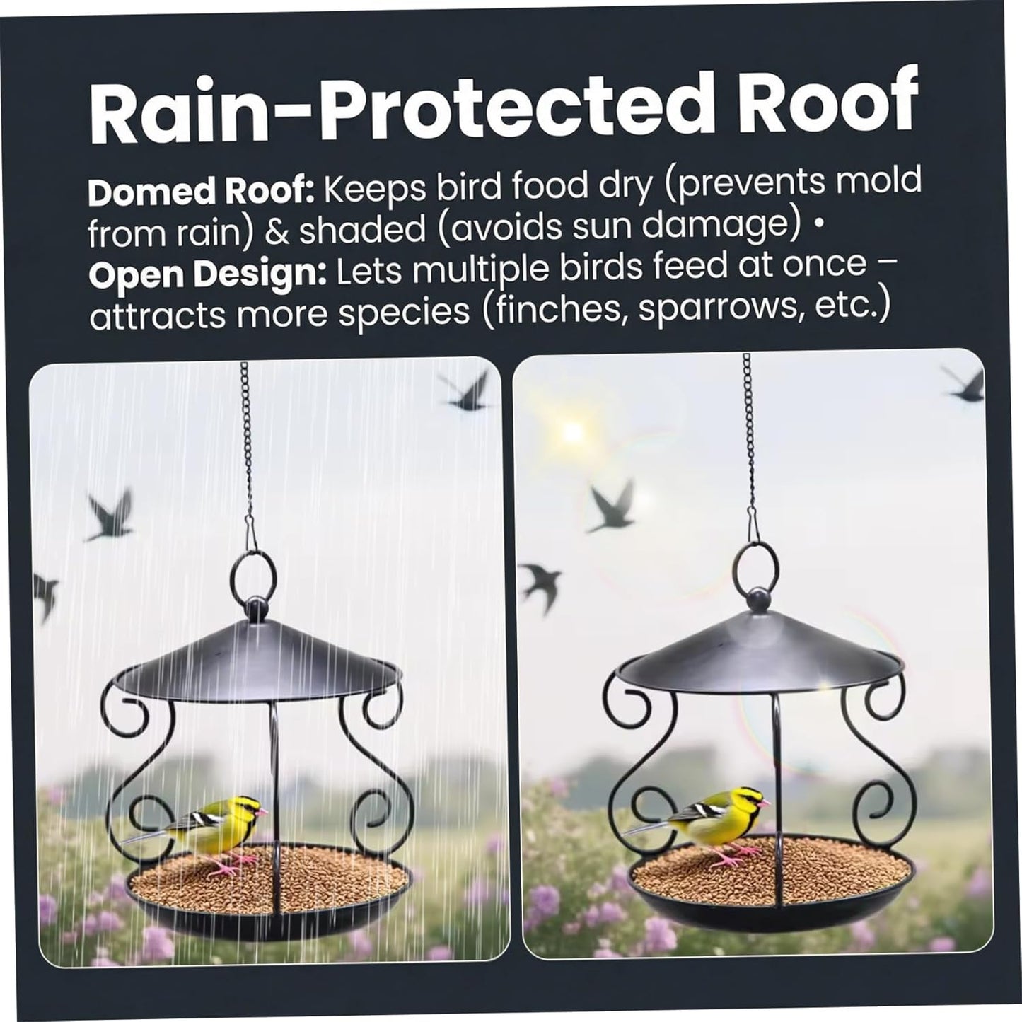 Bird Feeder for Outdoor, Rainproof Weatherproof Metal Hanging Bird Feeder with Roof, Large Capacity, Easy to Clean for Garden Yard Patio