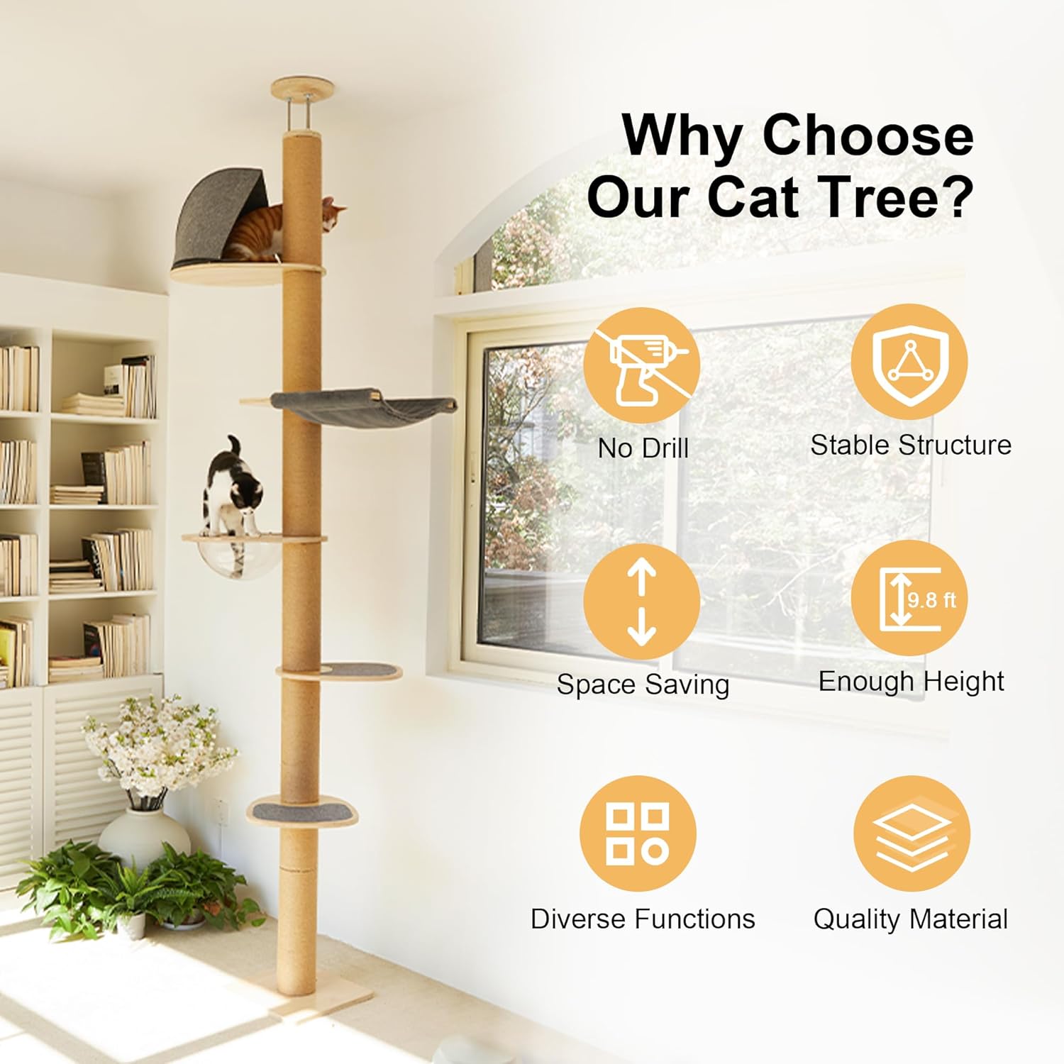 FUKUMARU Floor to Ceiling Cat Tree, 6 Level Adjustable Height (5.7-9.8