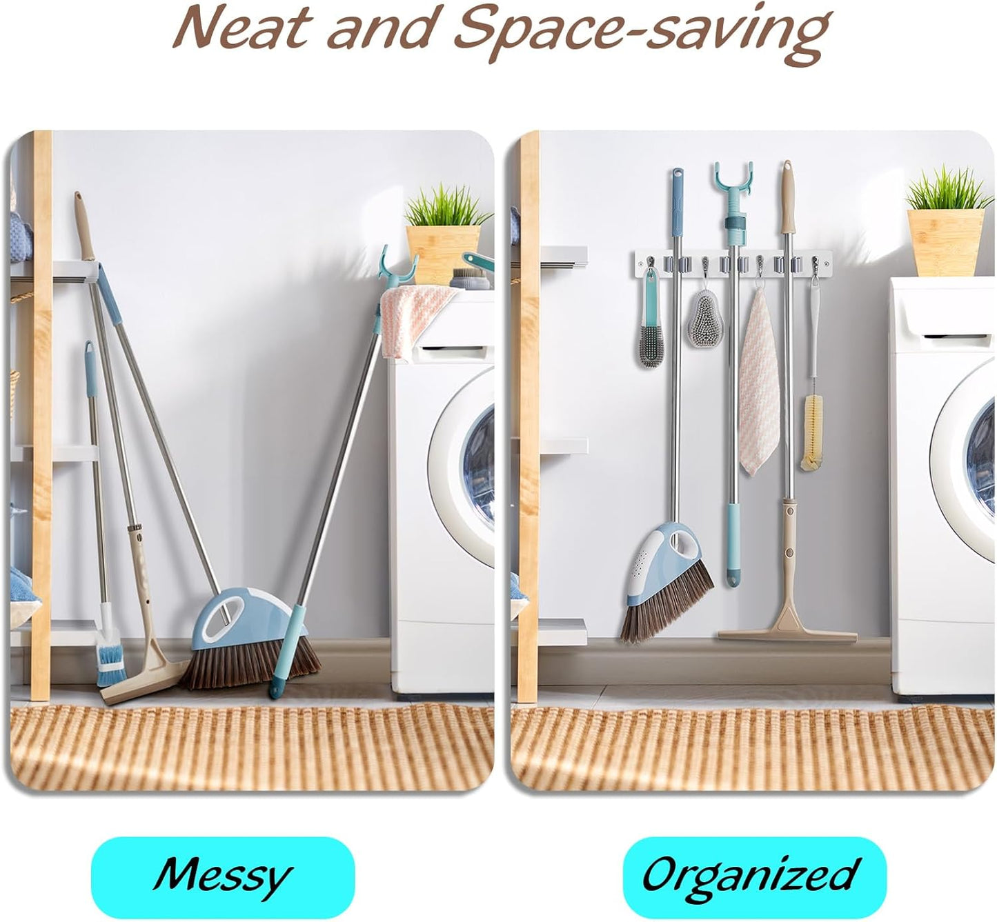 2 Pack White Mop Broom Holder Wall Mount with 3 Slots & 4 Hooks - Rust