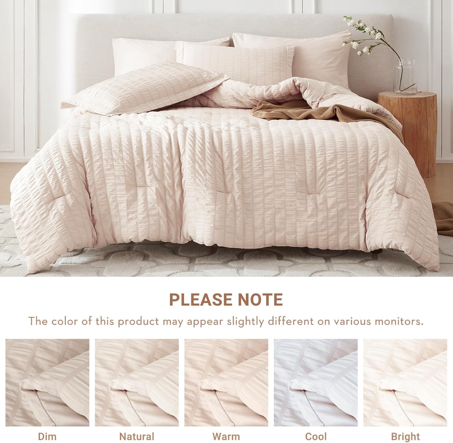 MUXHOMO 7 Pieces Queen Comforter Set, Seersucker Bed in a Bag Queen Size, All Season Luxury Bedding Set with Comforter, Flat Sheet, Fitted Sheet, Pillowcases & Shams, Beige