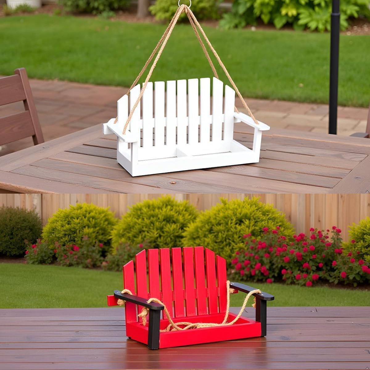 2pk Swing Bird Feeder, Squirrel-Proof Metal Mesh Tray with Bench Design, High-Capacity Rust-Resistant Hanging Bird Feeder for Porch & Yard Décor – Easy Fill & Clean (White & Red)
