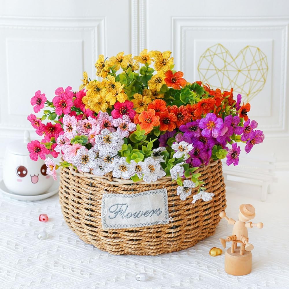 Artificial Faux Plants Flowers Outdoor Spring Summer Decoration, 6 Bundles Faux Silk Flower Mix Daisy Eucalyptus,UV Resistant Plastic Plants & Flowers for Garden Home Pot Planters Decor (6, Mix)