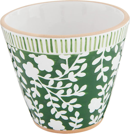 Mud Pie Indigo Small Pot, Green Floral, 4" H x 4.5" dia