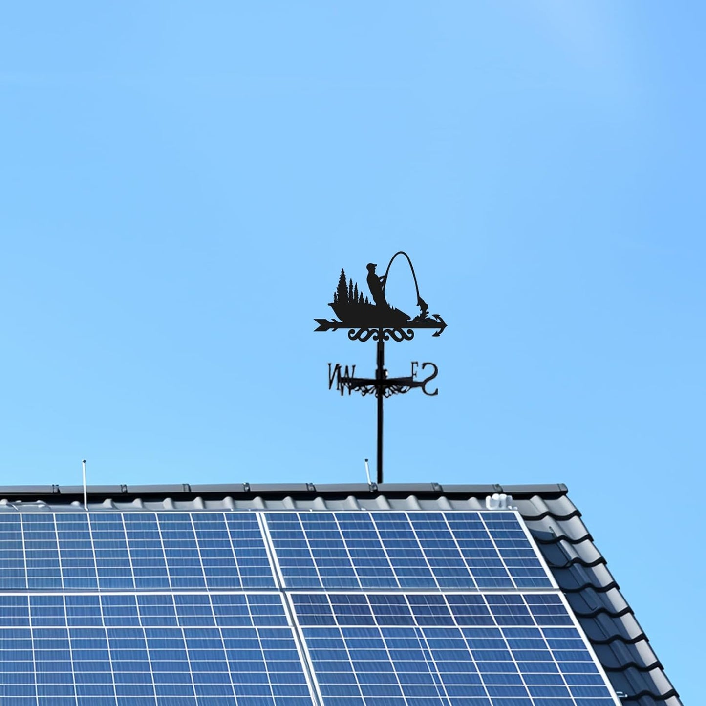 Fishing Weathervane 26” Height Black Metal Fisherman Wind Vane Animal Ornament Garden Stake Weather Vane Fishing Design Windmill Wind Cups & Brackets for Farmhouse Outdoor Yard Decoration
