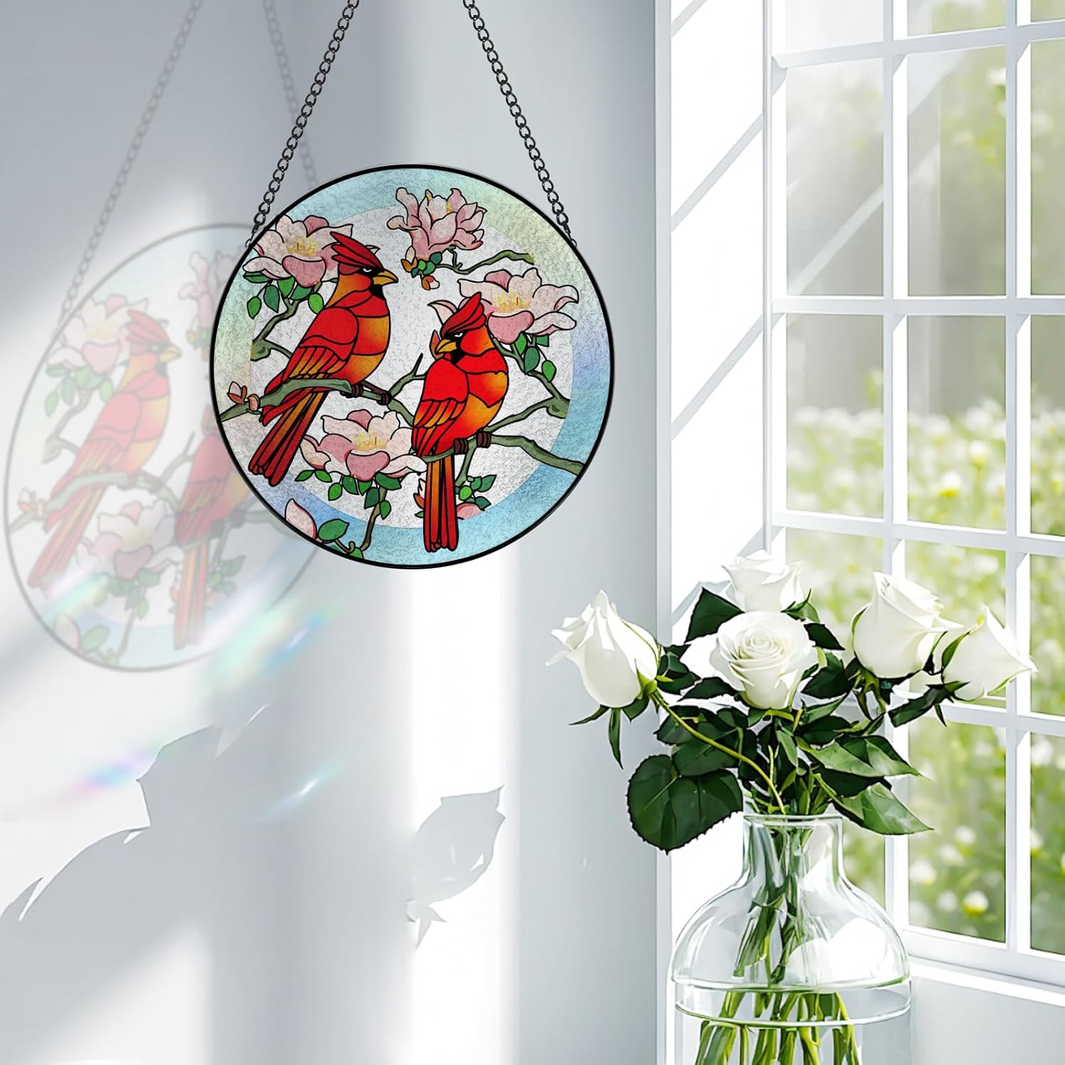 Stained Glass Window Hanging, Cardinals Suncatcher with Hook, Window, 