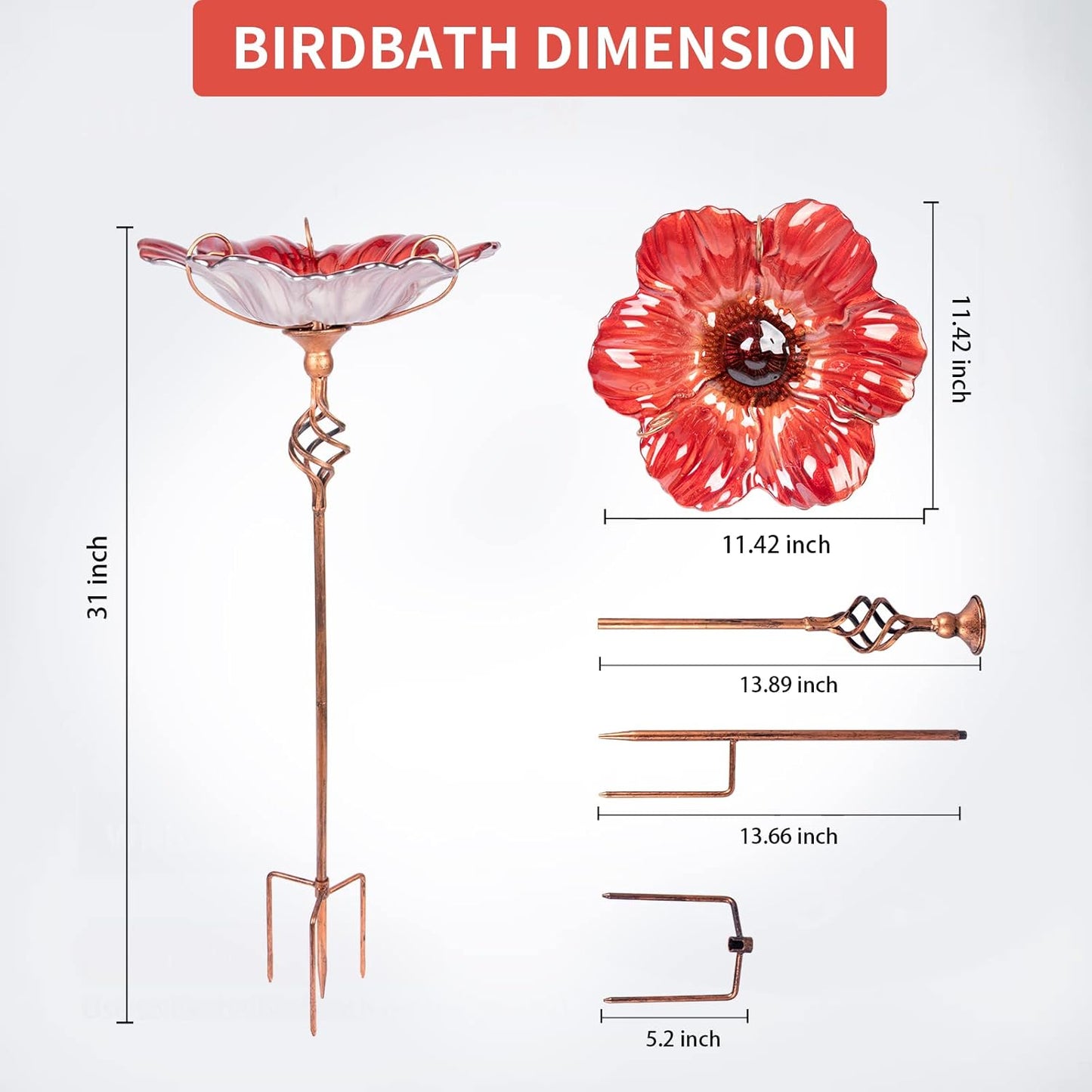 MUMTOP 31 Inch Height Glass Birdbath Birdfeeder with Metal Stake Garde