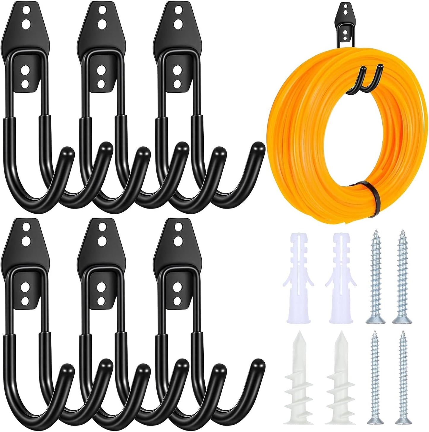 Garage Tool Hooks Wall Mount, 6 Pack Heavy Duty Storage Hooks for Garden Tools, Wall Hook for Garden Hoses, Brooms, Ladders, Garage Storage and Organization Accessories with 24 sets of screws