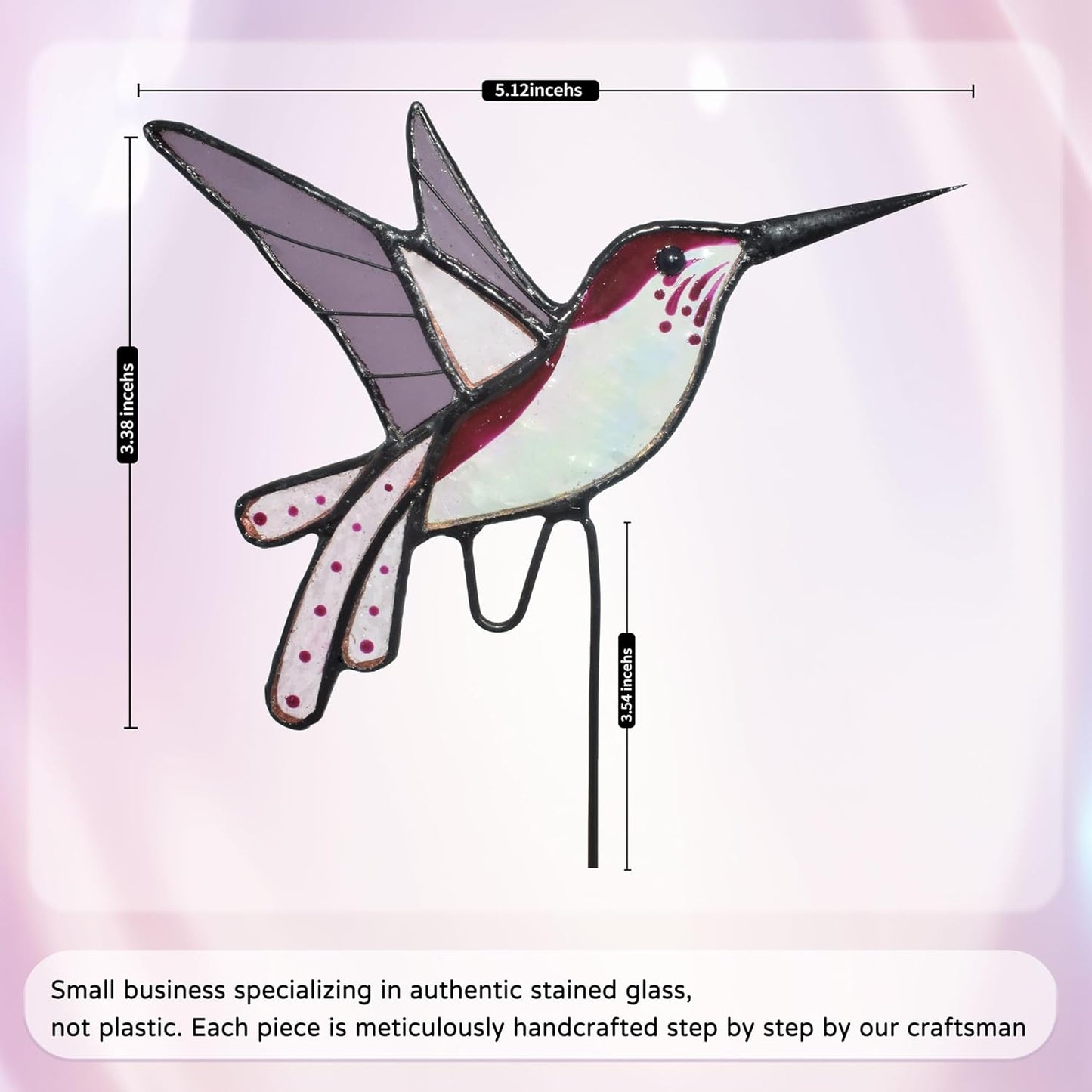 Lolitarcrafts Stained Glass Hummingbird Suncatcher for Planter Decoration – Colorful Glass Plant Pot Ornament, Ideal as a Gift for Christmas or Other Occasions (Purple A)