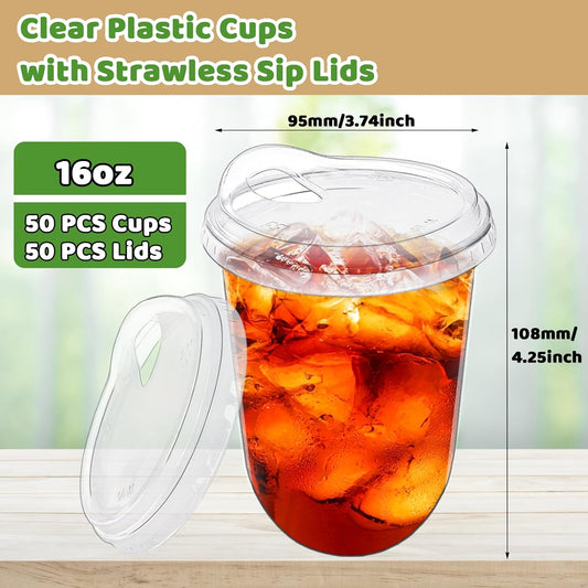 50 Pack Clear Plastic Cups with Strawless Sip Lids,16 oz Iced Coffee Cups with Lids,Disposable PET Crystal Cups,Round Bottom To Go Cup for Iced Coffee Juice Smoothie Cold Beverage