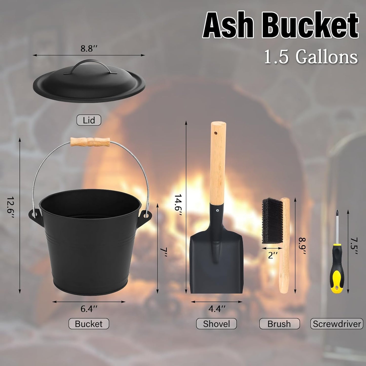 FEED GARDEN Fireplace Tools Set, 1.5 Gallon Mini Ash Bucket with Lid, Shovel, Heat-Resistant Brush & Screwdriver, Heavy Duty Galvanized Iron Ash Cleaning Tool Set, Compact 7.5" x 8.8" x 6.4”, Black