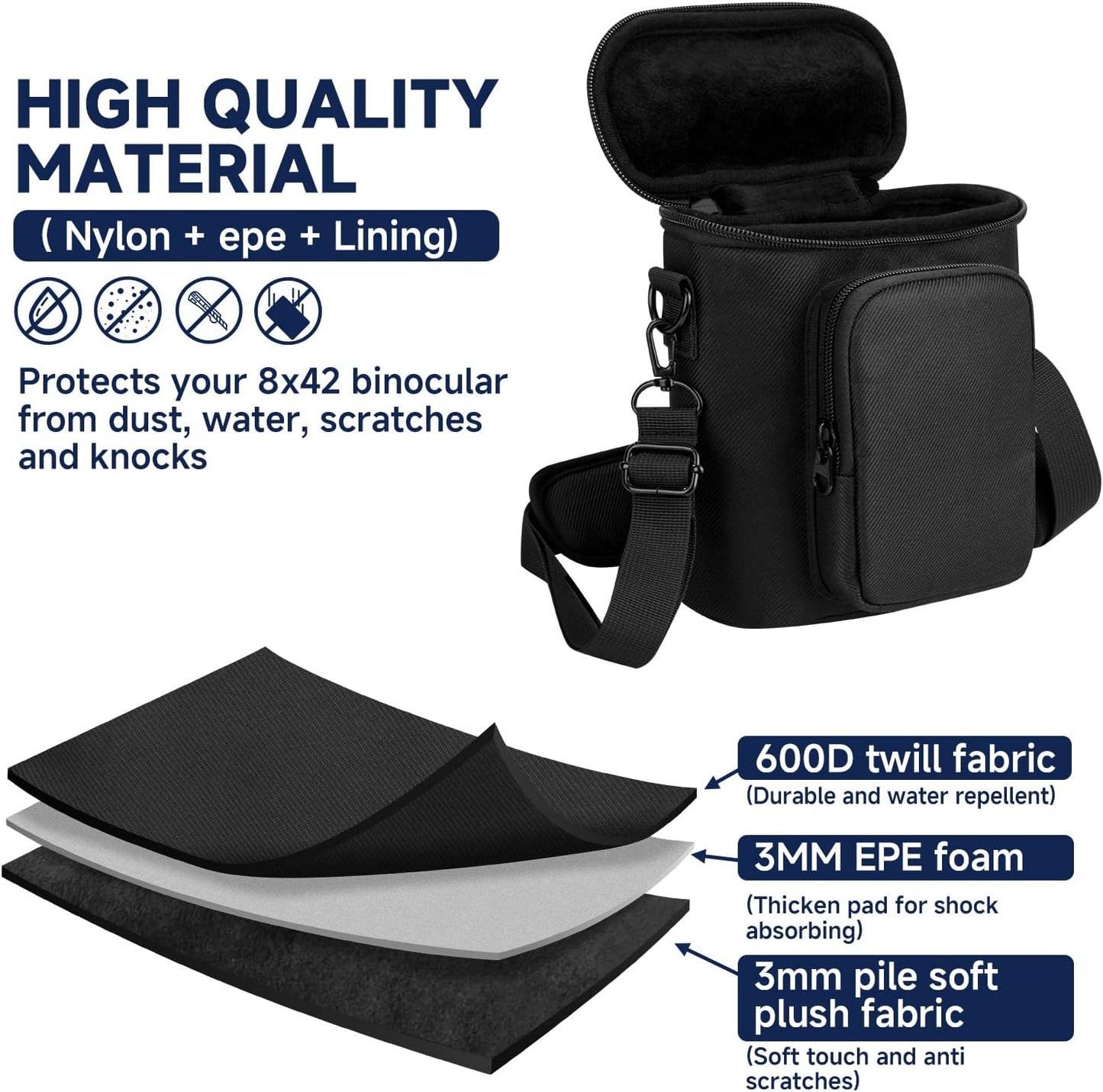 Travel Protective Case for NIKON Monarch M5 M7 8x42 Binocular, Durable Fabric Storage Bag with Shoulder Strap Compatible with Nikon PROSTAFF P3 8x42 10x42 Binocular, Black (Case Only)