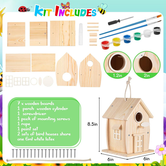 Liliful 2 Pack Wooden Bird House Kits, Build It Yourself Woodworking Kit for Adult Kids 4-8, 8-12 with Paint and Paintbrushes, Solid Weather Proof Natural Pine Wood, Pre Drilled (Rural Style)