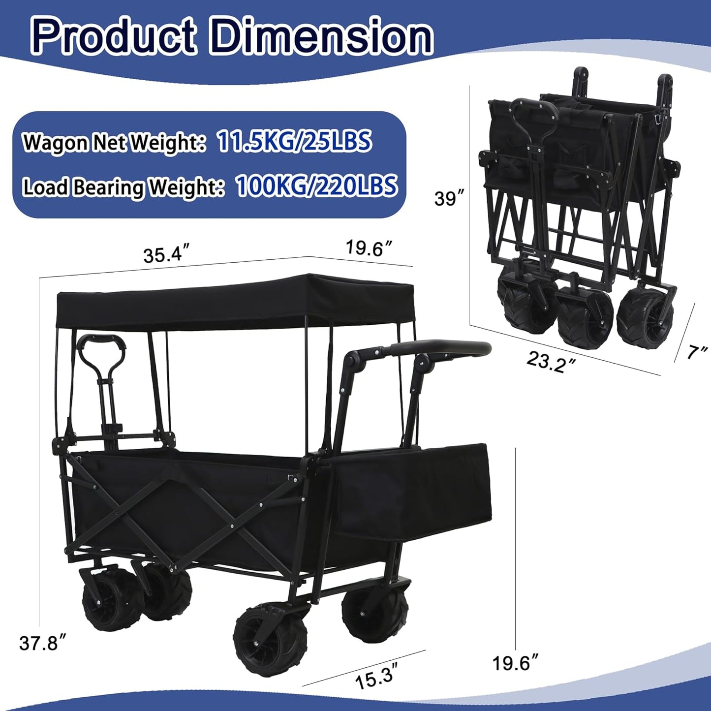 Collapsible Wagon Cart with Canopy, Heavy Duty Folding Tools Utility Cart with Wheels for Outdoor Camping, Black
