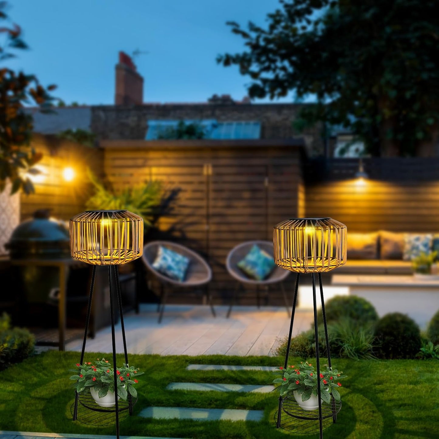 Outdoor Solar Rattan Floor Lamp with Plant Stands, Outdoor Patio Decor Plant Stand for Garden Porch Yard Pathway Driveway Porch