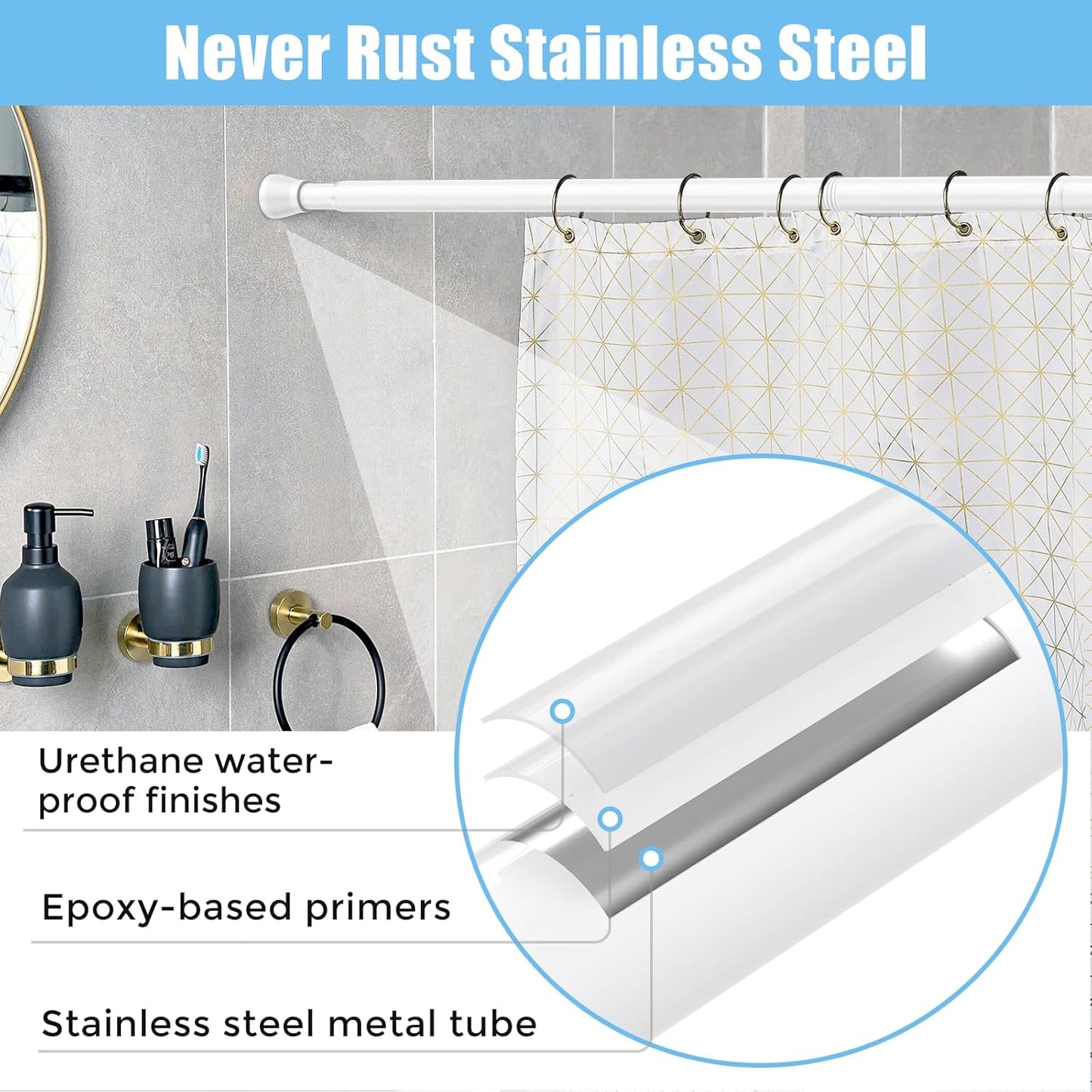 AIZESI Tension Curtain Rod Adjustable Spring Tension Rods for Windows 28 to 48 Inch, No Drilling, 7/8" Diameter, White Curtain Rod, Small Shower Curtain Rod for Bathroom, Doorway, Closet, Kitchen