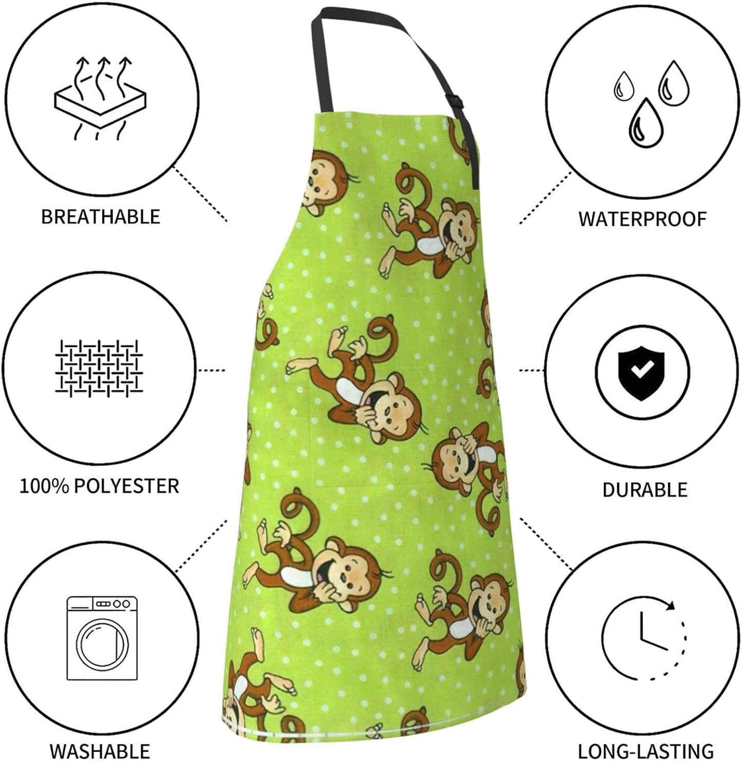 Green Clever Monkey Print Laundry apron 28x33 In Waterproof Kitchen Apron with Pockets for Cooking Baking