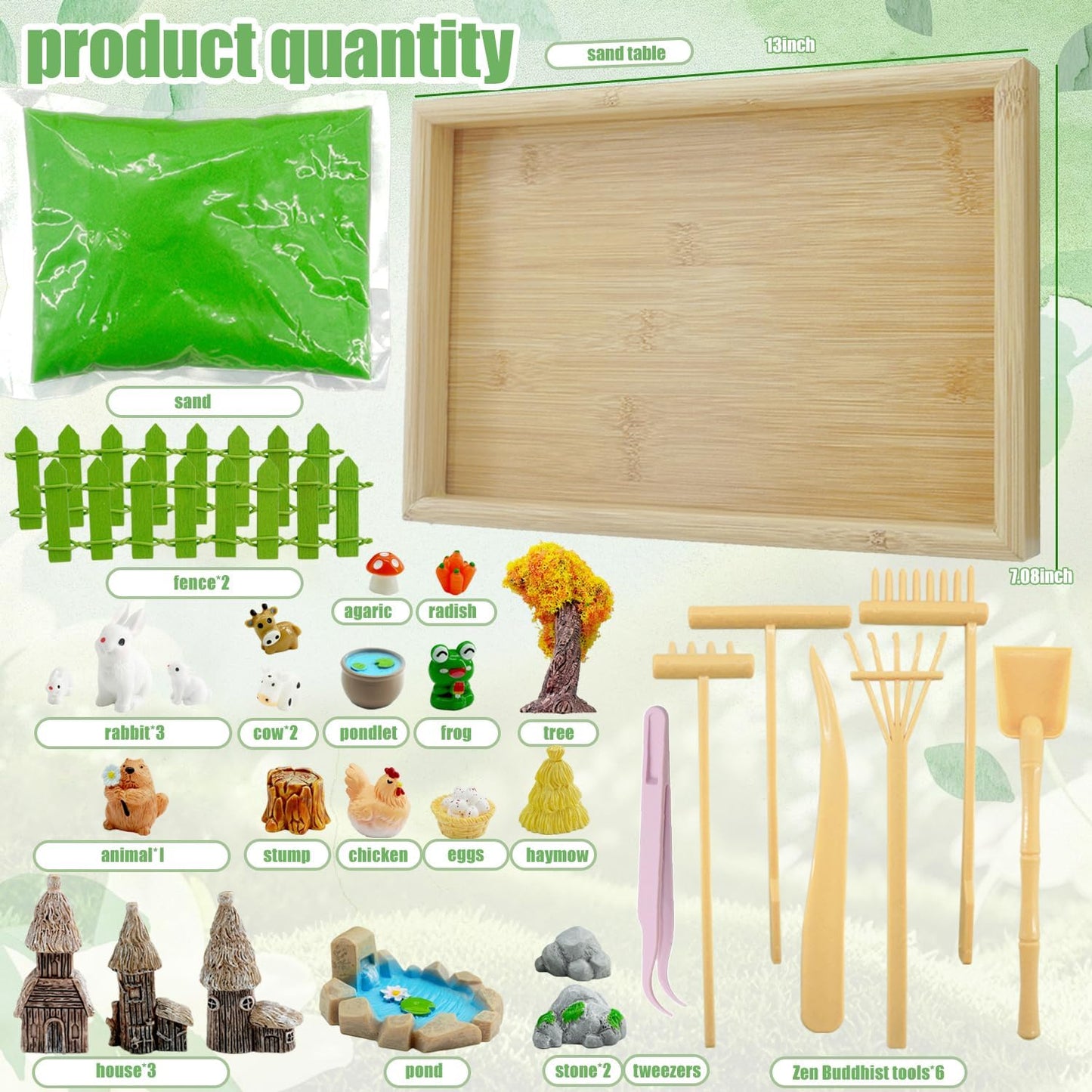 33 Pcs Zen Garden For Desk，Mini Zen Garden，Japanese-Style Home Gift Set Featuring A Wooden Tray With Rake-Shaped Mini Ornaments, Perfect For Desk Decoration, Bedroom Nightstands, And More.
