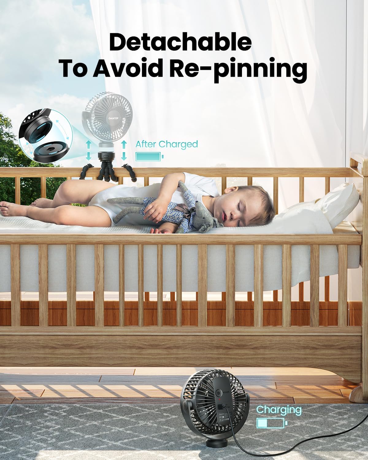 Gaiatop Mini Portable Stroller Fan, Battery Operated Small Clip on, De