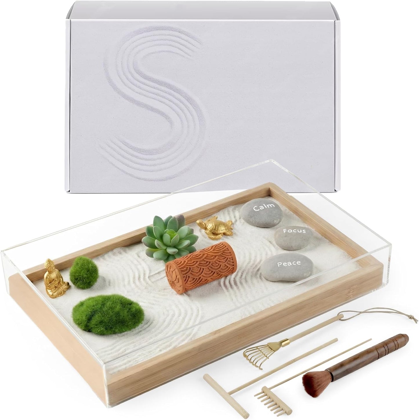 Zen Garden Kit 13" x 8.2" x 2" – Large Zen Sand Garden for Desk with Bamboo Tray, Includes 15 Accessories & 6 Tools, Japanese Sand Tray Decor for Home, Office, Meditation and Relaxation