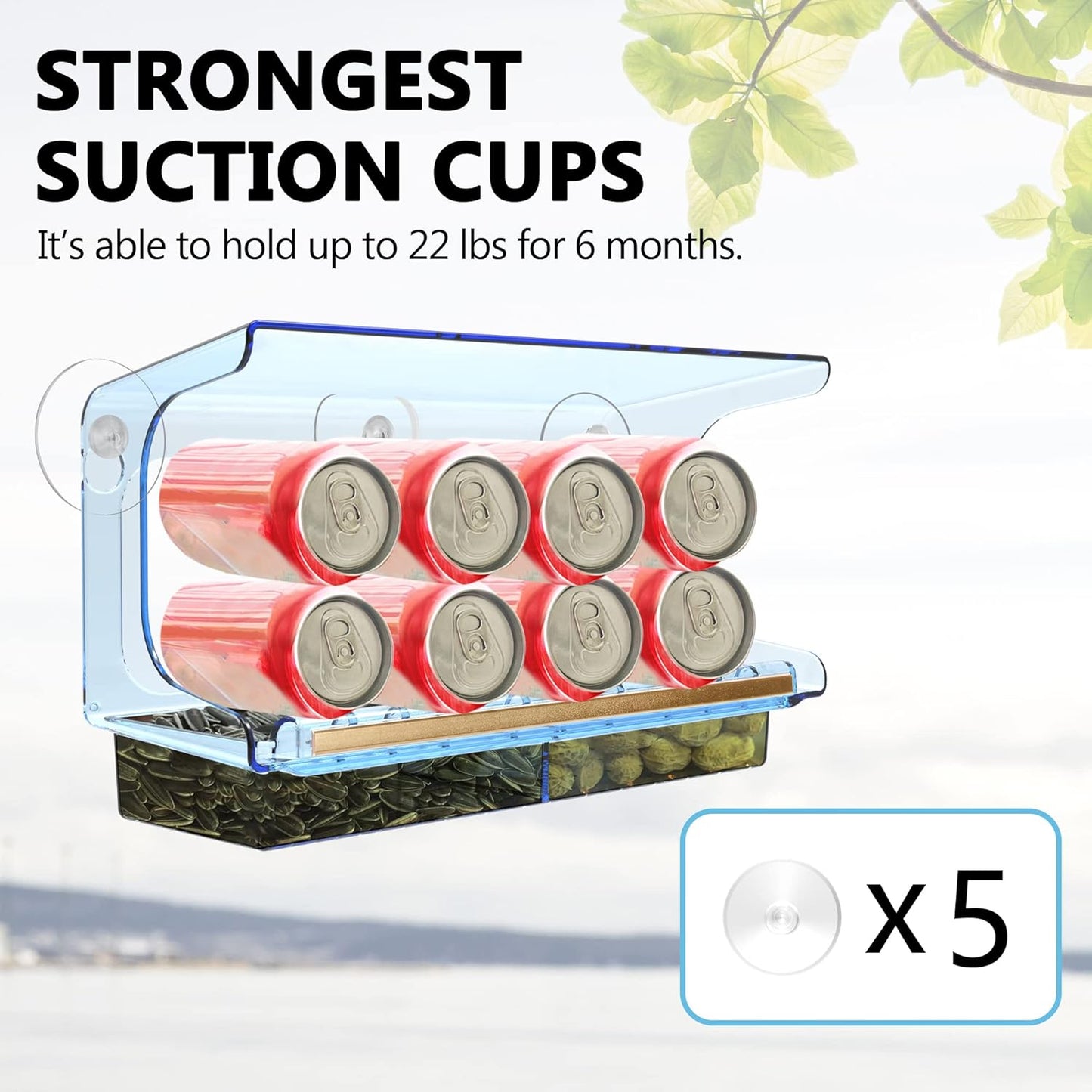LUJII Blue Window Bird Feeder with 5 Super Strong Suction Cups, All One Piece Construction, Removable Seed Tray, Accommodates Large Birds Like Cardinals or Blue Jay for Outside Wild Bird Feeding