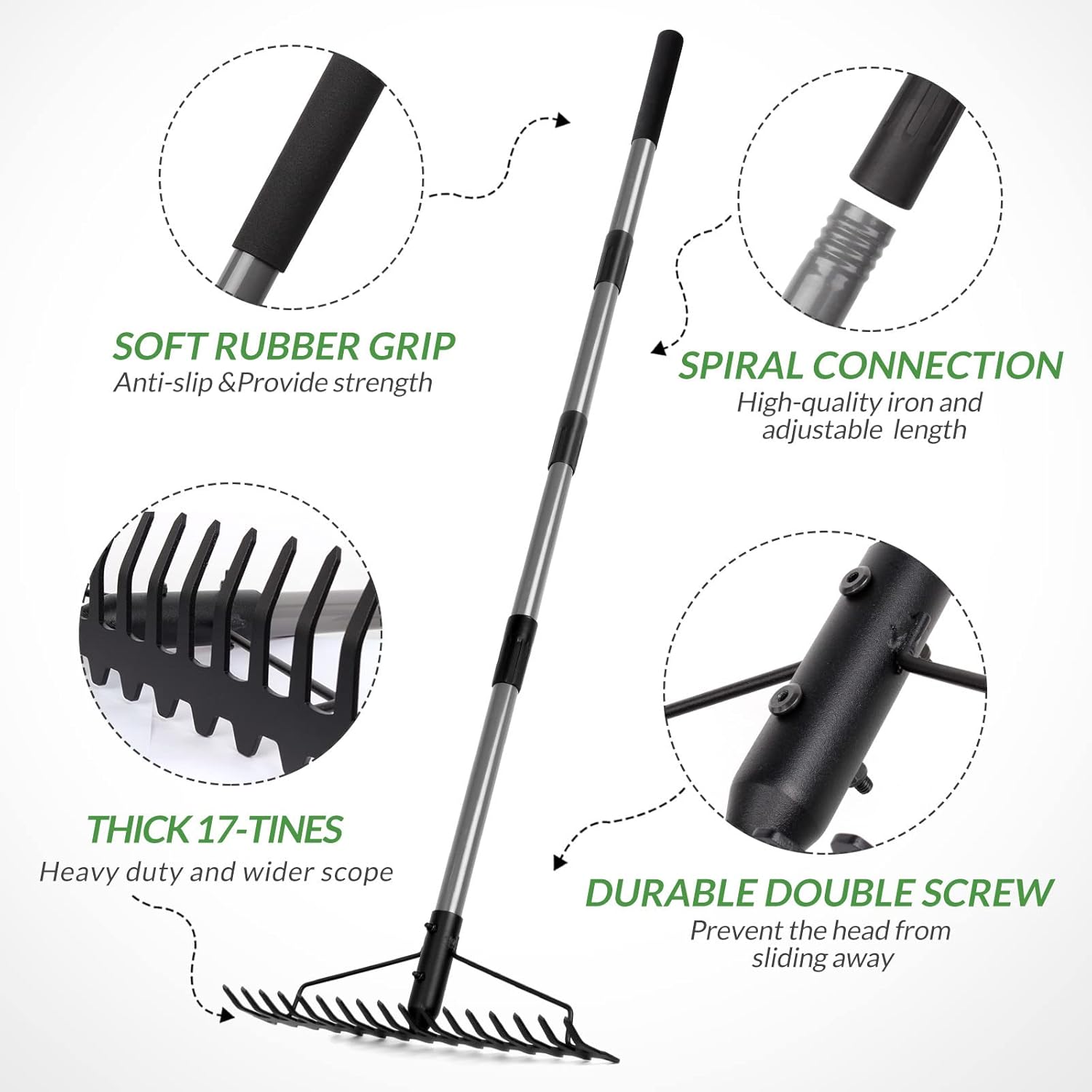 Walensee 5.4FT Bow Rake Heavy Duty Garden Rake with Stainless Steel Ha