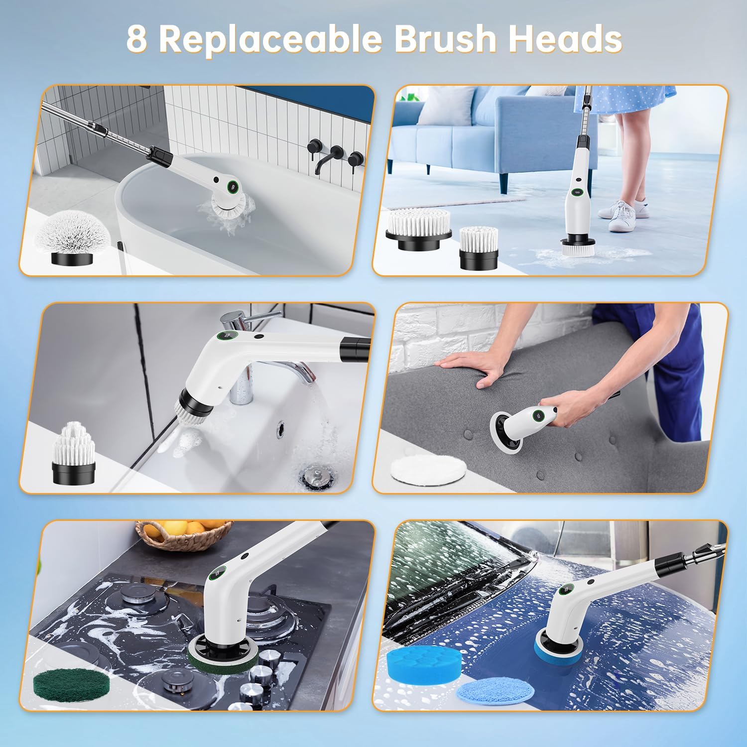 Electric Spin Scrubber, Cordless Shower Scrubber with 8 Scrub Brush, 2