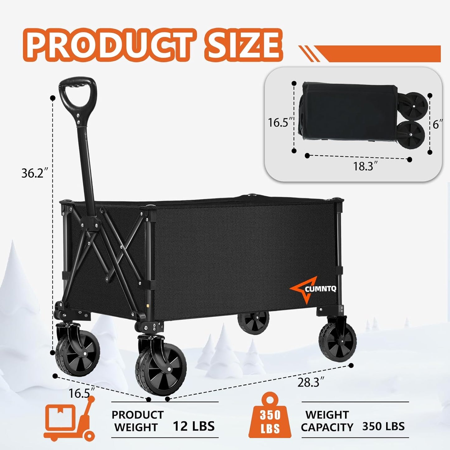 CUMNTQ Wagons Carts Foldable, 350lbs Weight Capacity Collapsible Wagon with All-Terrain Wheels, Grocery Cart on Wheels for Shopping Camping Garden Sports Beach Black