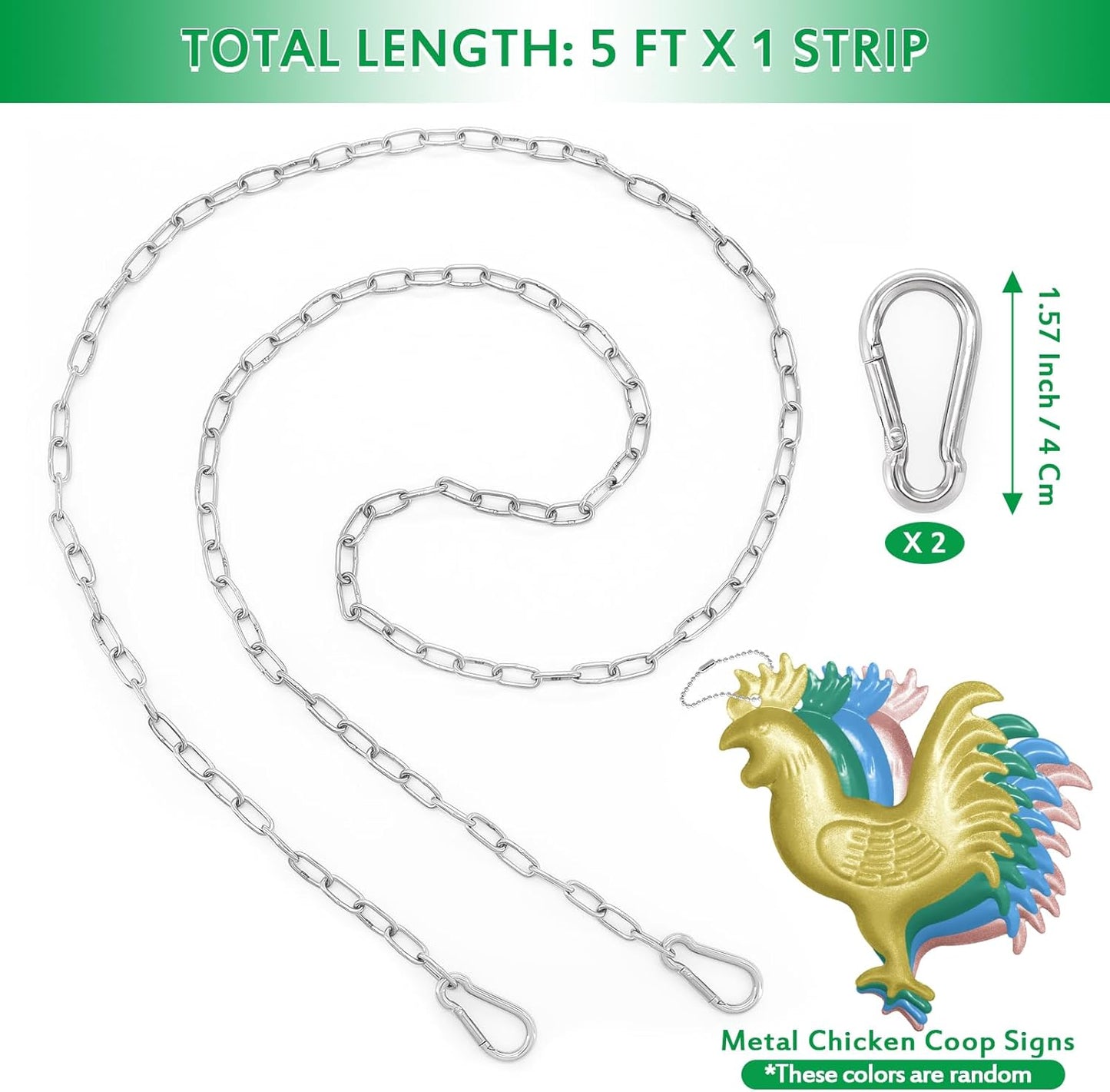 5 Ft Hanging Chain with 2 Chain Hooks 4 Chicken Coop Signs for Chicken Feeders, Stainless Steel Metal Small Chain For Chiken Bird Coop Accessories Feeders Waterer Plant Hooks Hanger Hold Up 13 Lbs