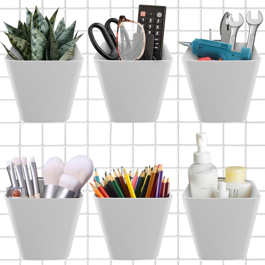 G.CORE Large Grid Wall Bins - 6Pack Gray Gridwall Accessories Hanging Cups with Back Hooks - Plastic Grid Wall Panels Organizers Wire Shelves Holders for Garage Garden Craft Office Tools Storage