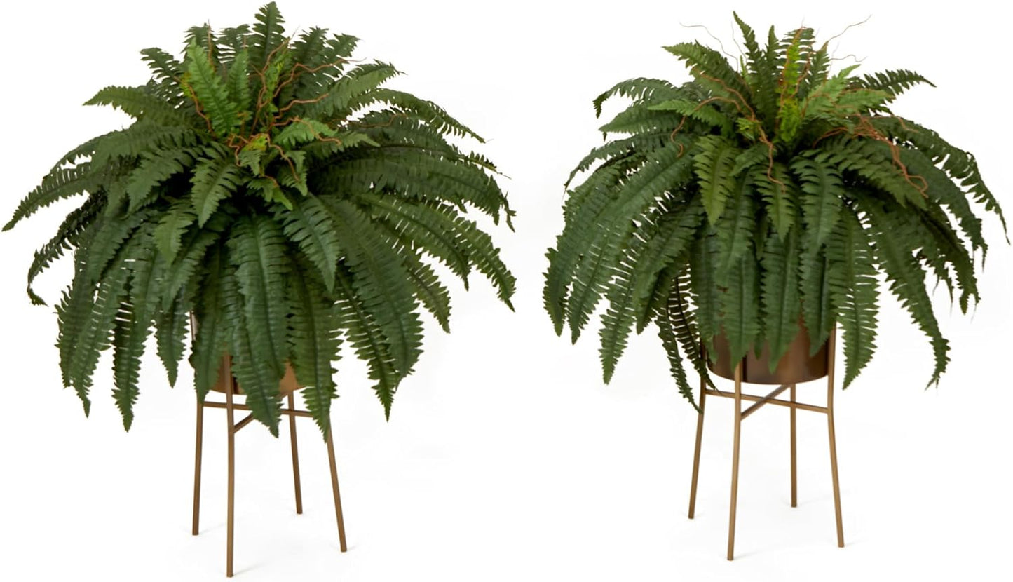 Nearly Natural 32in. Artificial Boston Fern Plant with Metal Planter with Stand DIY KIT (Set of 2)