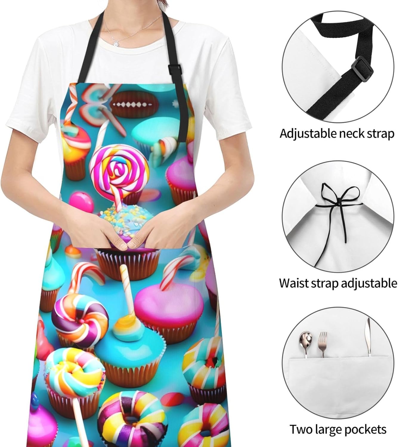 Colorful Sweet Lollipop Cupcake Donut Print Laundry apron 28x33 In Waterproof Kitchen Apron with Pockets for Cooking Baking