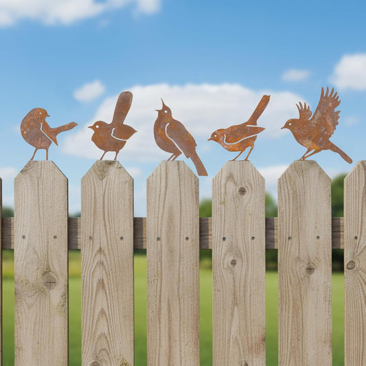 5PCS Rusty Birds Fence Decoration, Outdoor Metal Birds Decor for Yard, Rustic Garden Decor.
