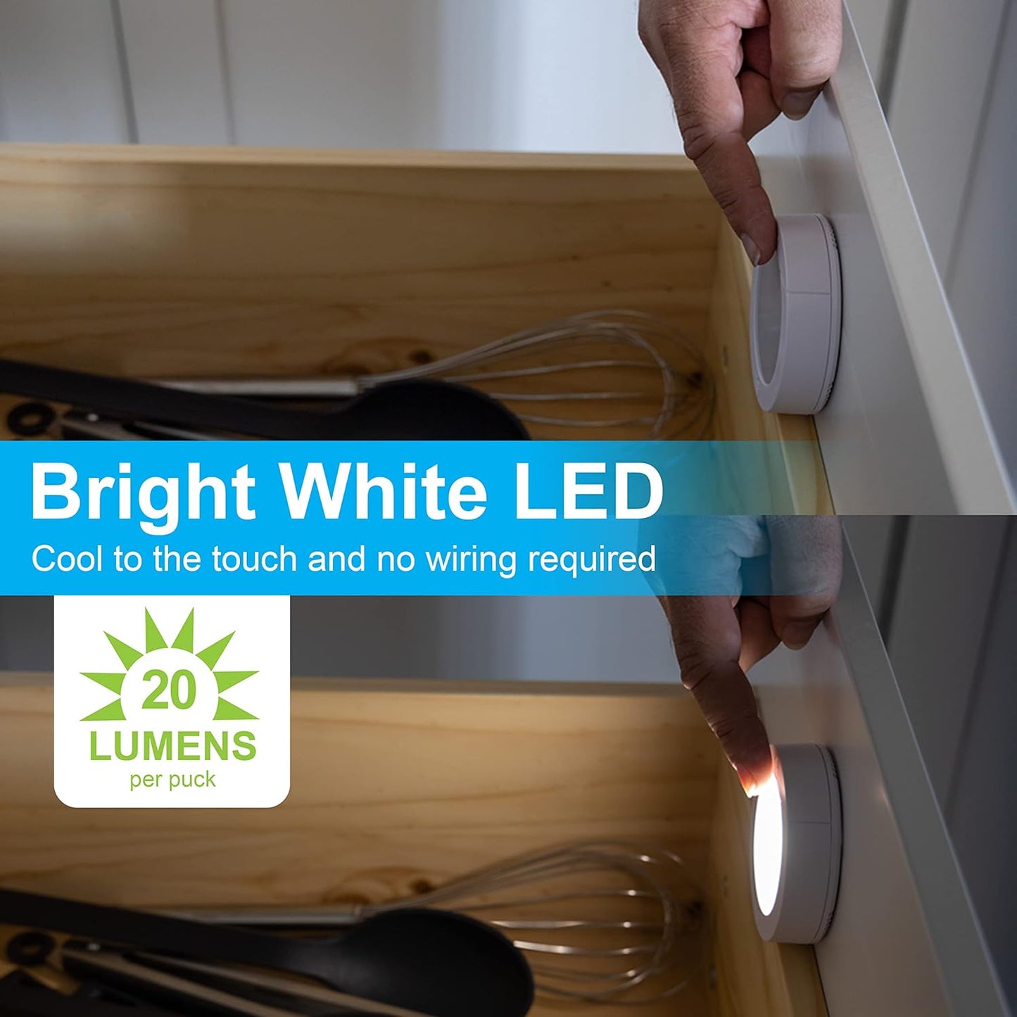 GE Wireless LED Tap-Lights, Battery Operated, 20 Lumens, Touch-Activated Puck Lights, Stick-On for Under Cabinet, Kitchen, Closet, or Garage, 2-Pack 25434