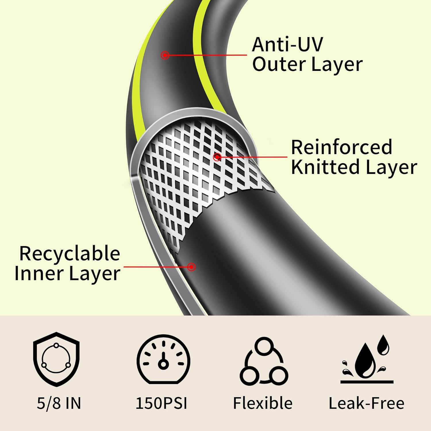 Lightweight Rubber Garden Hose 50 ft, 5/8" Hybrid Rubber Hose with Sol