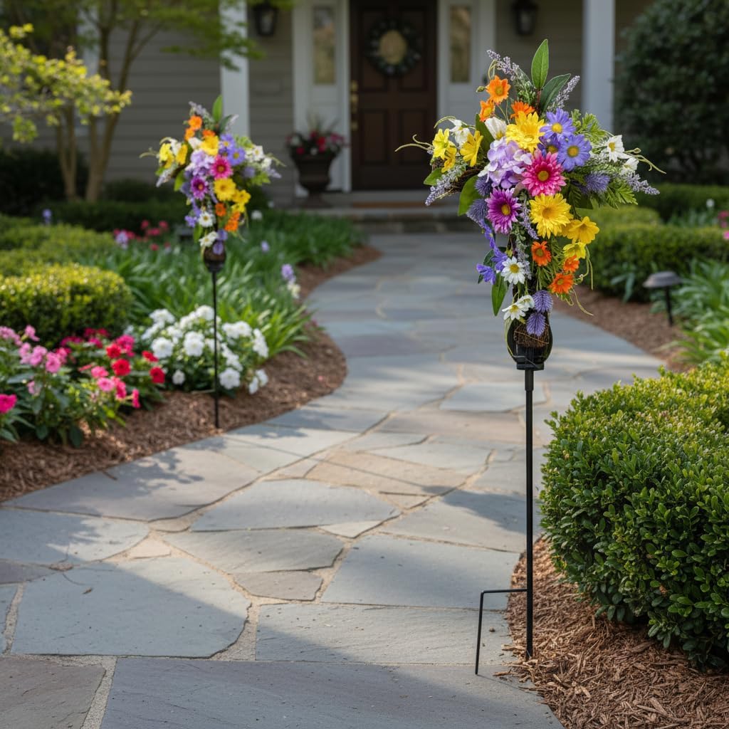 32 Inch Solar Powered Cross Grave Stake Decoration Lighted Cemetery Stake with Colorful Artificial Wildflowers Daisies, Floral Arrangement for Garden Cemetery and Memorial
