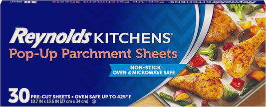 Reynolds Kitchens Pop-Up Parchment Paper Sheets, 30 Count, Fits Standard Baking Pans and Cookie Sheets, Non-Curling, Non-Stick, Pre-Cut, Oven-Safe Up to 425F, 10.75 in x 13.75 in
